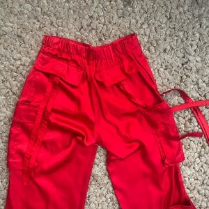 Red silk cargo pants